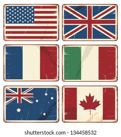 Vector illustration of retro tin signs with state flags. 