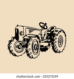 Vector illustration of retro tractor in hand sketched style. Farm fresh logotype. Organic bio products badge. Eco food sign.