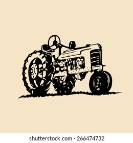 Vector illustration of retro tractor in hand sketched style. Farm fresh logotype. Organic bio products emblem. Eco food sign.