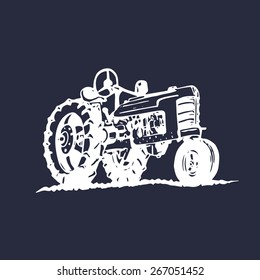 Vector illustration of retro tractor in hand sketched style. Farm fresh logotype. Organic bio products poster. Eco food sign.