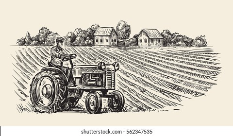 vector illustration of retro tractor in hand doodle style