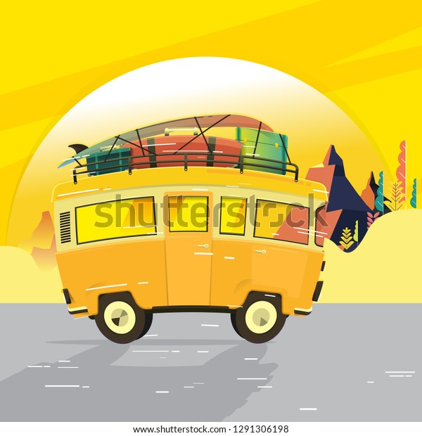 Vector illustration - Retro\
travel red van. Mountain. Surfer van. Vintage travel car. Old\
classic camper minivan. Retro hippie bus. landscape nature. art.\
background