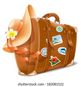 Vector illustration with retro travel suitcase and beach hat