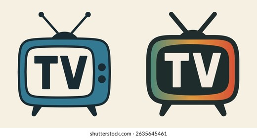 Vector illustration of retro TV icons with antenna and screen.
