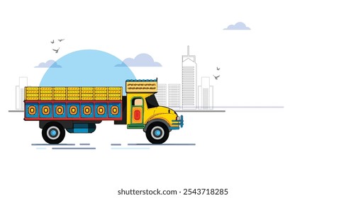 Vector illustration retro type indian truck in the side view with Cityscape. Truck in town poster in flat style.