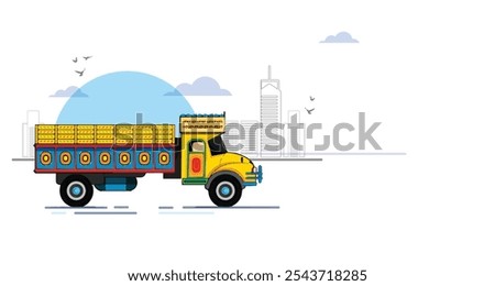 Vector illustration retro type indian truck in the side view with Cityscape. Truck in town poster in flat style.