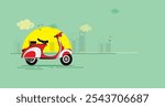 Vector illustration retro type red cute vespa in the side view with Cityscape. Vespa in town poster in flat style.