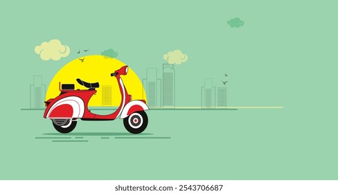 Vetor ilustração retro tipo vermelho bonito vespa na vista lateral com Cityscape. Vespa em cartaz da cidade em estilo plano.