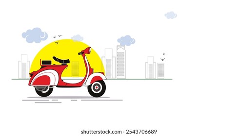 Vector illustration retro type red cute vespa in the side view with Cityscape. Vespa in town poster in flat style.