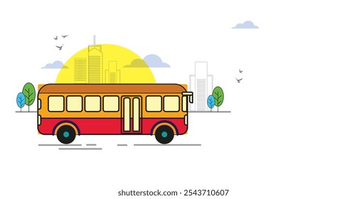 Vetor ilustração tipo retro ônibus bonito vermelho na vista lateral com Cityscape. Ônibus em cartaz da cidade em estilo plano.