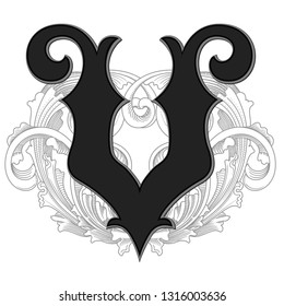 Vector illustration of retro uppercase letter ancient with decorations isolated on white background.Antique Letter with baroque ornamentation. Elegant black capital letter to use monograms, logos,embl