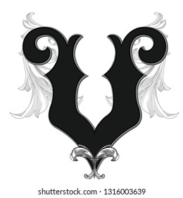 Vector illustration of retro uppercase letter V with decorations isolated on white background.Antique Letter with baroque ornamentation. Elegant black capital letter to use monograms, logos,emblems