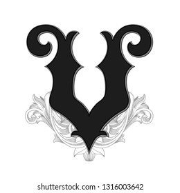 Vector illustration of retro uppercase letter V with decorations isolated on white background.Antique Letter with baroque ornamentation. Elegant black capital letter to use monograms, logos,emblems