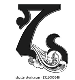 Vector illustration of retro uppercase letter Z with decorations isolated on white background.Antique Letter with baroque ornamentation. Elegant black capital letter to use monograms, logos,emblems