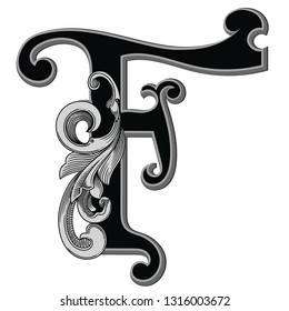 Vector illustration of retro uppercase letter F with decorations isolated on white background.Antique Letter with baroque ornamentation.Ancient black capital letter to use monograms, logos,emblems