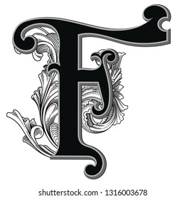 Vector illustration of retro uppercase letter F with decorations isolated on white background.Antique Letter with baroque ornamentation. Elegant black capital letter to use monograms, logos,emblems
