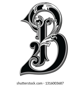 Vector illustration of retro uppercase letter B
 with decorations isolated on white background.Antique Letter with baroque ornamentation. Elegant black capital letter to use monograms, logos,emblems