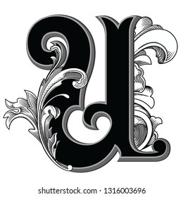 Vector illustration of retro uppercase letter U with decorations isolated on white background.Antique Letter with baroque ornamentation. Elegant black capital letter to use monograms, logos,emblems