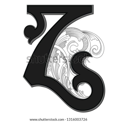 Vector illustration of retro uppercase letter Z with decorations isolated on white background.Antique Letter with baroque ornamentation. Elegant black capital letter to use monograms, logos,emblems