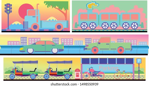 Vector illustration Retro vehicles set with urban street backgrond,city transportation concept.  