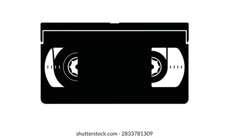 Vector illustration of a retro vhs video cassette tape in black and white silhouette isolated for old school media concepts and nostalgic entertainment