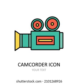 Vector illustration with retro videocamera icon. Outline drawing. 