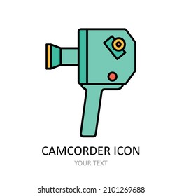 Vector illustration with retro videocamera icon. Outline drawing. 