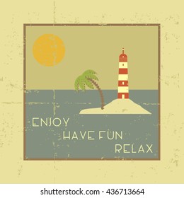 vector illustration retro vintage grunge summer poster with summer symbols and note saying enjoy, have fun, relax