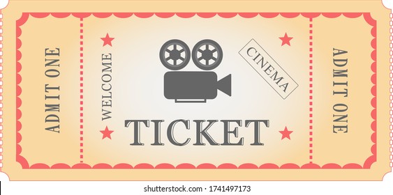 Vector illustration. Retro vintage movie ticket in red, orange, black and movie camera logo