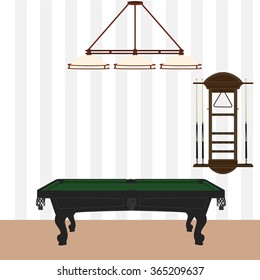 Vector illustration retro, vintage pool table with green cloth, wall cue rack and lamp with three shades. Pool, billiard room