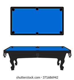 Vector illustration retro, vintage pool table with blue cloth top and side view. Empty billiard table
