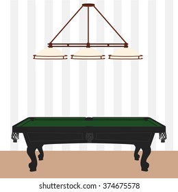 Vector illustration retro, vintage pool table with green cloth and lamp with three shades. Empty billiard table