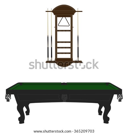 Vector illustration retro, vintage pool table with green cloth and  cue wall rack. 