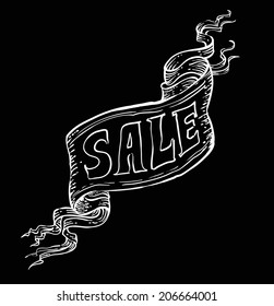 Vector illustration of retro vintage sale banner as hand drawn sketch, isolated on black