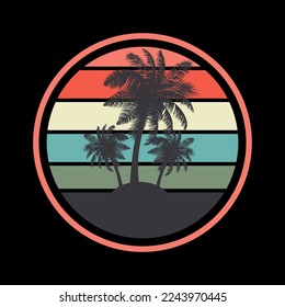 Vector Illustration Retro Vintage Sunset Beach Palm Tree
