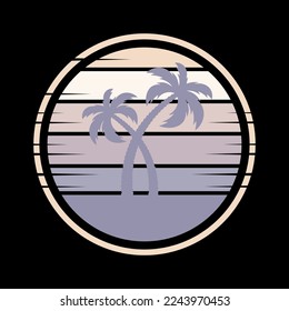 Vector Illustration Retro Vintage Sunset Beach Palm Tree