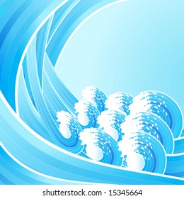 Vector illustration of retro water waves spiraling backwards with stylized white splashes. Lined art background.