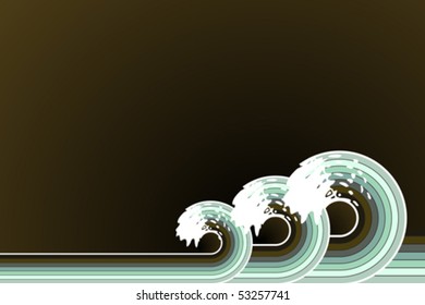 Vector illustration of retro water waves spiraling backwards with stylized white splashes. Copy space.