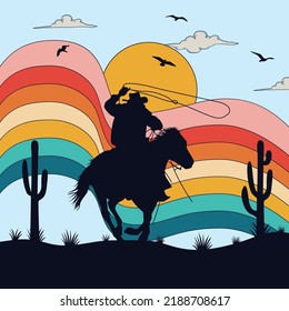 vector Illustration of the Retro wave, Drawing of a cowboy riding a wild horse at sunset Wave sign. Silhouette of Cowboy riding horses at sunset.