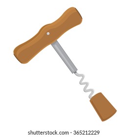 Vector illustration retro wine corkscrew with wooden handle. Corkscrew flat icon with cork. Kitchen utensil