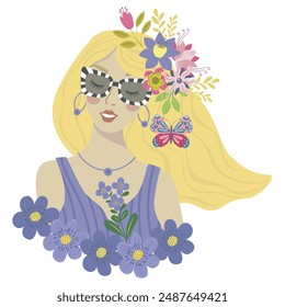 Vector Illustration of Retro Woman with Flowers.