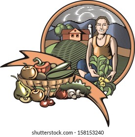 Vector illustration in retro woodcut style of a young female farmer, happy with the good harvest.