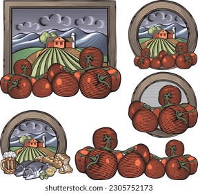 Vector illustration in retro woodcut style of vegetable harvest.