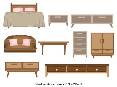 Vector illustration of retro wooden furniture set isolated on white background.