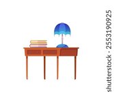 Vector illustration of retro wooden table with lamp and books. Vintage interior items. Writing desk. Antique shop item. Office furniture. Flat cartoon style. Isolated background.