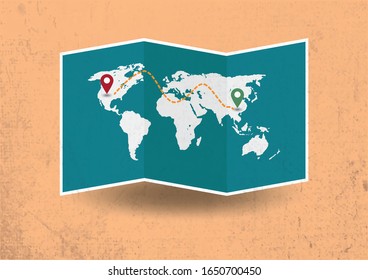 Vector illustration, retro world map on isolated background. folded paper world map. pinned place on world map.