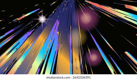 Vector illustration in retrofuturistic anime style: radiant streaks of blue, gold, and purple shoot across a black background. Trendy visual, abstract dynamic lines, sharp shapes, gradient glow.
