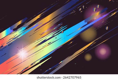 Vector illustration in retrofuturistic anime style: radiant streaks of blue, gold, and purple shoot across a black background. Trendy visual, abstract dynamic lines, sharp shapes, gradient glow.