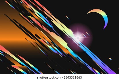 Vector illustration in retrofuturistic anime style: radiant streaks of blue, gold, and purple shoot across a black background. Trendy visual, abstract dynamic lines, sharp shapes, gradient glow.