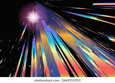 Vector illustration in retrofuturistic anime style: radiant streaks of blue, gold, and purple shoot across a black background. Trendy visual, abstract dynamic lines, sharp shapes, gradient glow.